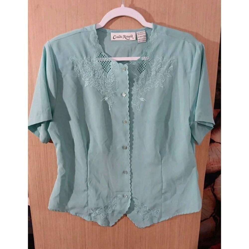 Claudia Richard (12) Formal Blouse Greenish Blue Lacey Embroidered Short Sleeve